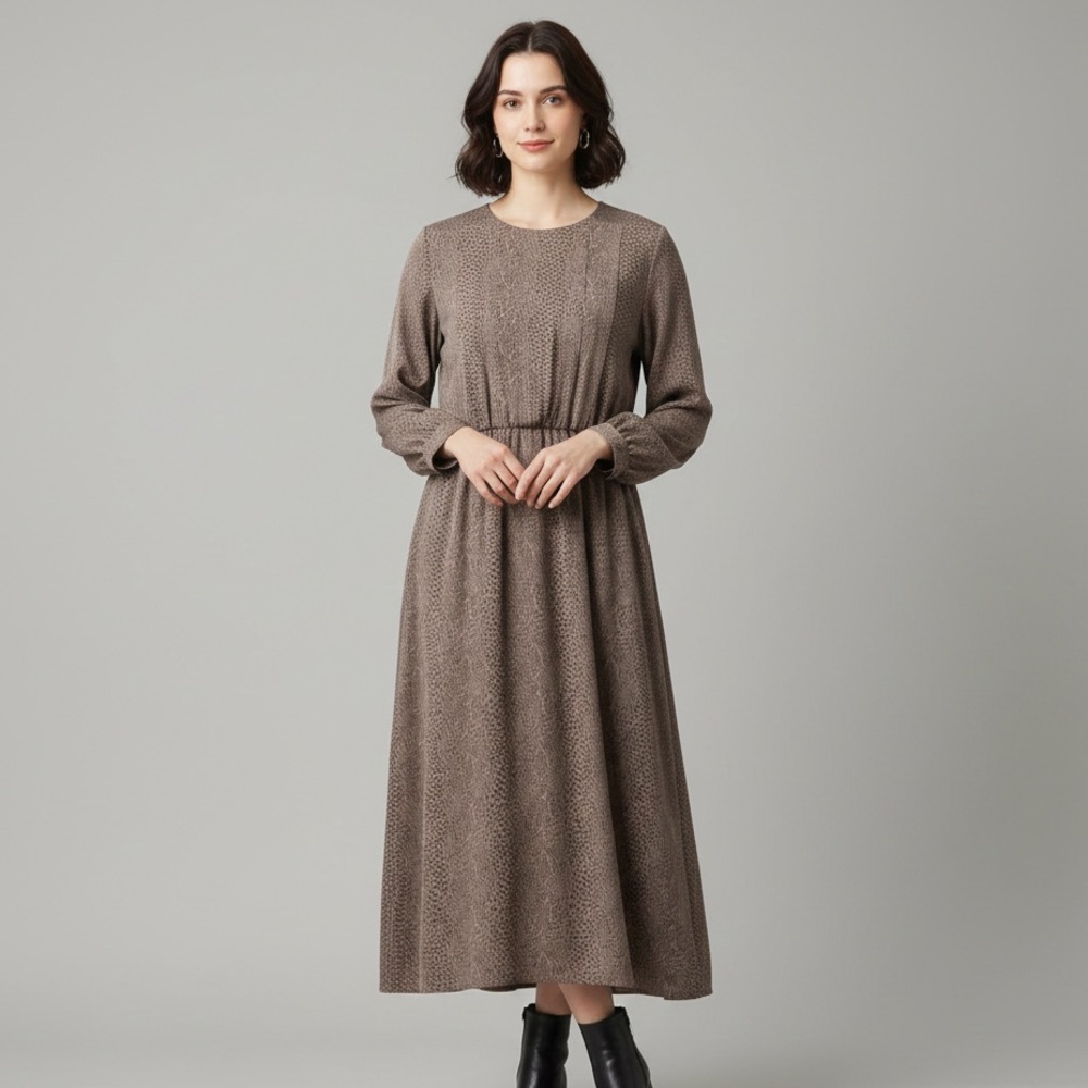 Vintage silky‎  Long-Sleeve Animal print Midi Dress